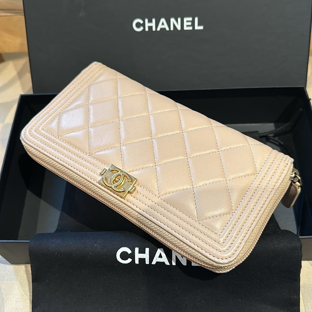 Chanel Boy zip around beige lambskin wallet/organizer